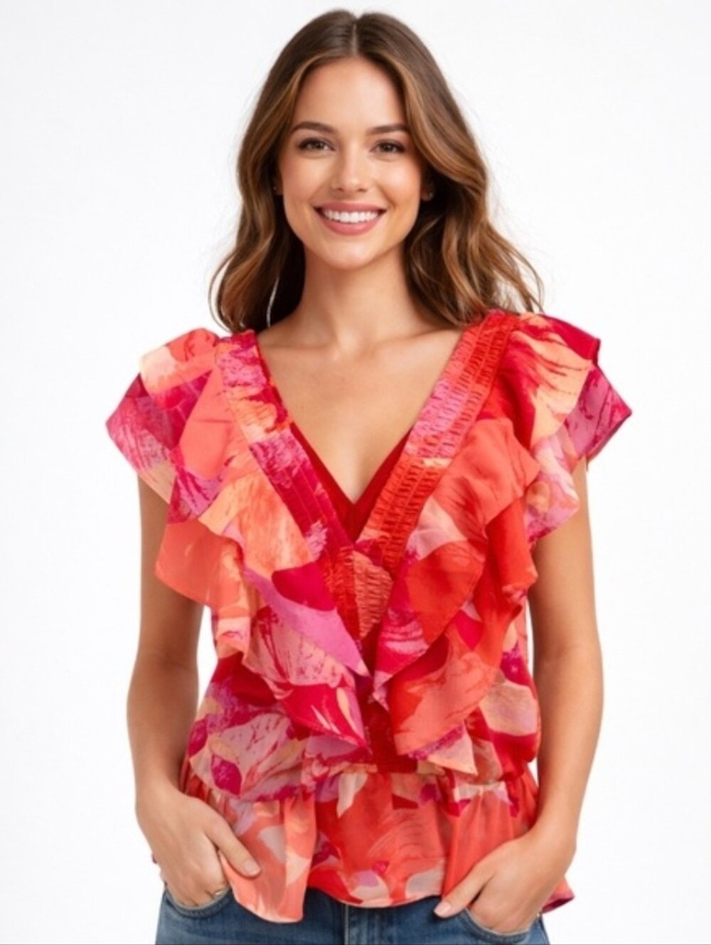 Mocked Framed Ruffle Peplum Top in a vibrant watercolor abstract Floral Sm